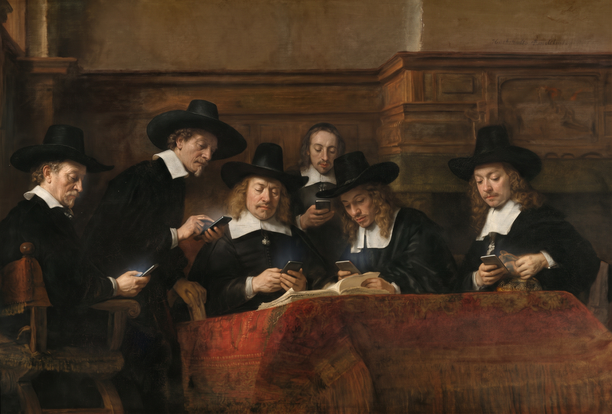 Rembrandt's Syndics of the Drapers' Guild, edited so that each man is holding a smartphone